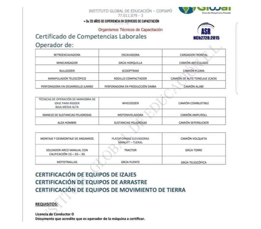 Otros Servicios Copiapó Copiapó - Fotos de ¡CERTIFICADO PARA OPERADOR DE EQUIPOS,RIGGER,CALIFICACIÓN!